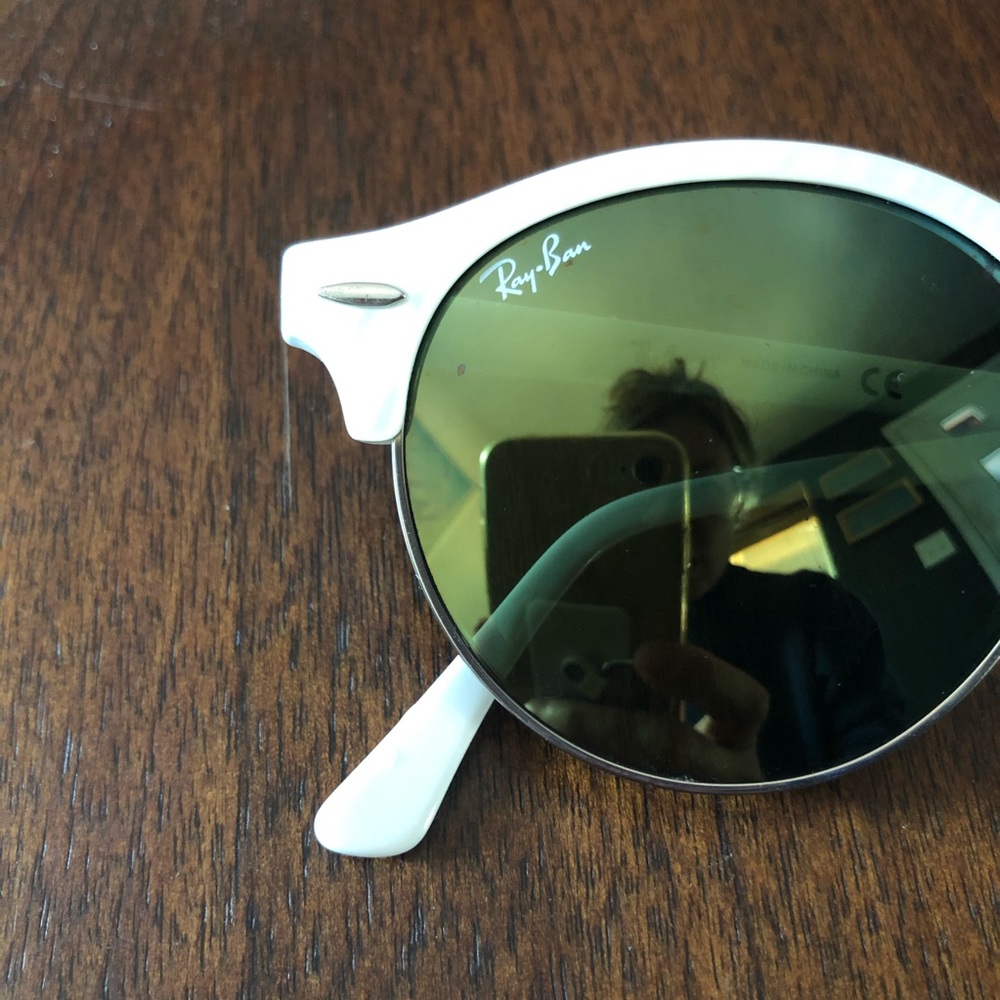 Ray-Ban Women's White Frame Green Mirrored Round Sunglasses - Clubmaster Style - Picture 3 of 4